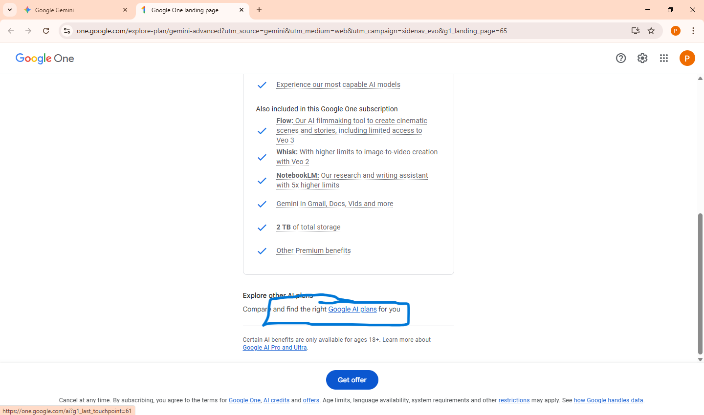 Google AI plans screenshot