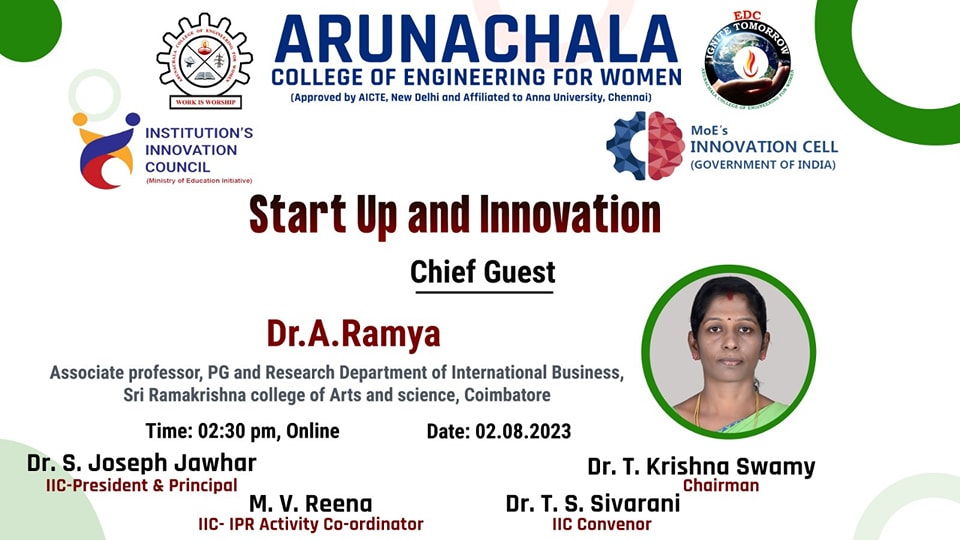 Start-up and Innovation by Dr. A. RAMYA, Assistant Professor, Sri Ramakrisna College of Arts and Science, Coimbatore.